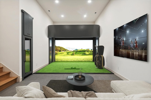 playroom featuring carpet, golf simulator, baseboards, and recessed lighting
