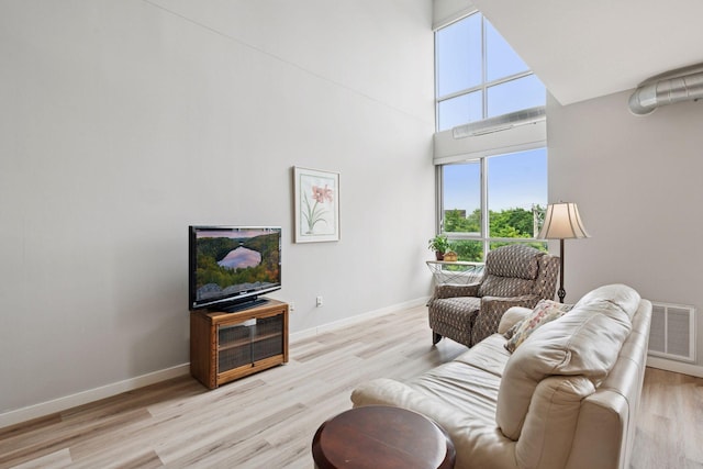1829 3rd Ave S Unit 212, Minneapolis, MN 55404 - living area featuring baseboards, light wood-style floors, and a high ceiling