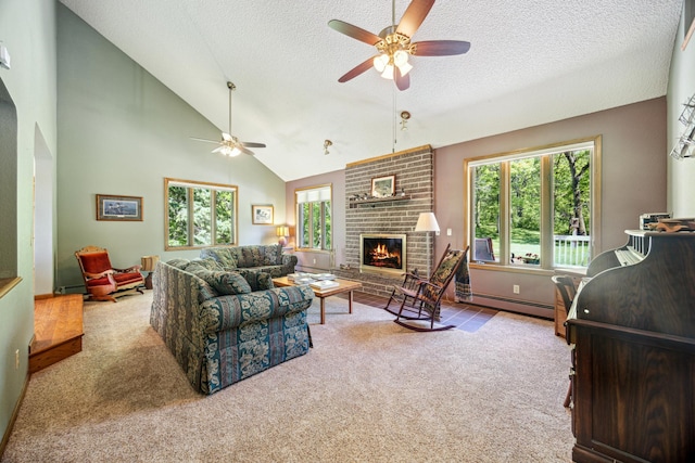 12975 185th St, Cold Spring, MN 56320 - living room featuring a ceiling fan, carpet floors, a fireplace, a textured ceiling, and lofted ceiling