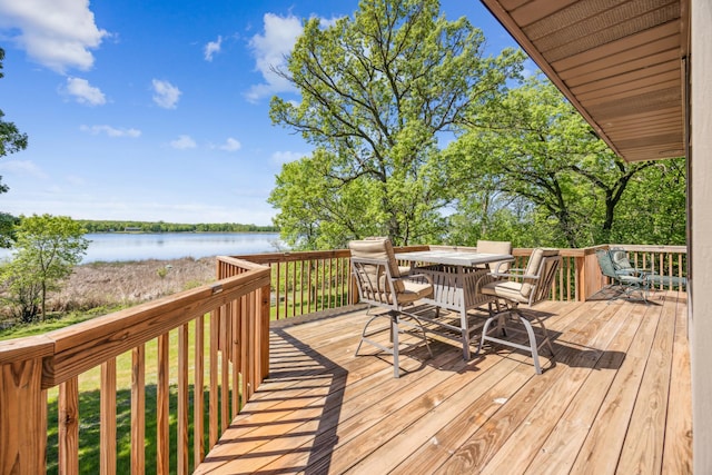 12975 185th St, Cold Spring, MN 56320 - wooden terrace with a water view and outdoor dining area