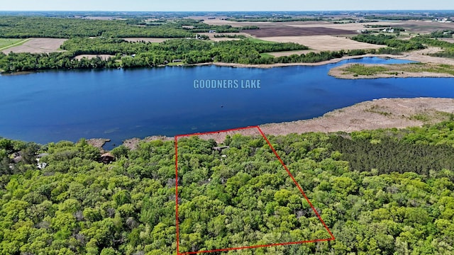 12975 185th St, Cold Spring, MN 56320 - aerial overview of property's location with a nearby body of water, a heavily wooded area, and property parcel outlined