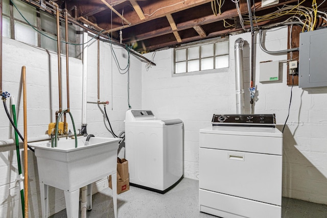 1344 Schletti St, Saint Paul, MN 55117 - washroom featuring washer and clothes dryer, electric panel, and concrete block wall
