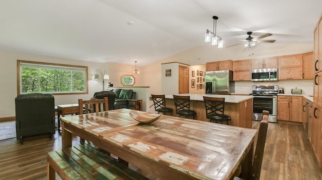 3015 Aspen Ter, Scott Twp, WI 54830 - dining area with vaulted ceiling, dark wood-style flooring, and a ceiling fan