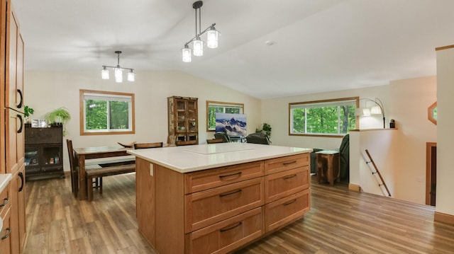 3015 Aspen Ter, Scott Twp, WI 54830 - kitchen with wood finished floors, lofted ceiling, light countertops, decorative light fixtures, and a kitchen island