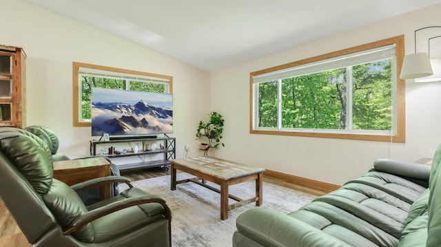 3015 Aspen Ter, Scott Twp, WI 54830 - living area with vaulted ceiling, wood finished floors, and baseboards