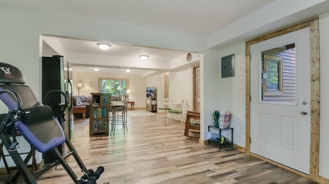 3015 Aspen Ter, Scott Twp, WI 54830 - workout area featuring light wood finished floors, electric panel, and baseboards