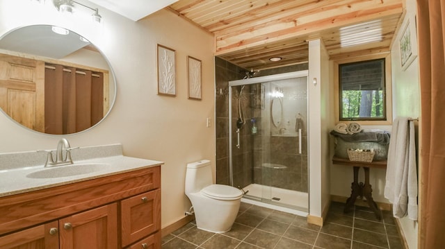 3015 Aspen Ter, Scott Twp, WI 54830 - bathroom with vanity, a stall shower, wood ceiling, toilet, and tile patterned flooring