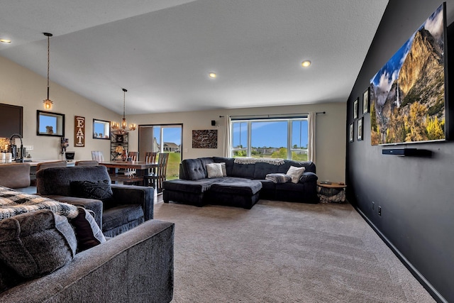 419 Bluebird Dr NW, Isanti, MN 55040 - living room featuring a chandelier, carpet, vaulted ceiling, recessed lighting, and baseboards