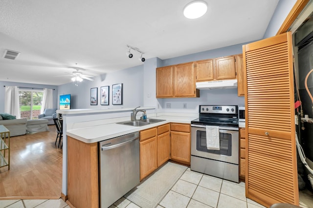 2225 Ranchview Ln N Unit 1, Plymouth, MN 55447 - kitchen with appliances with stainless steel finishes, under cabinet range hood, a sink, a peninsula, and open floor plan