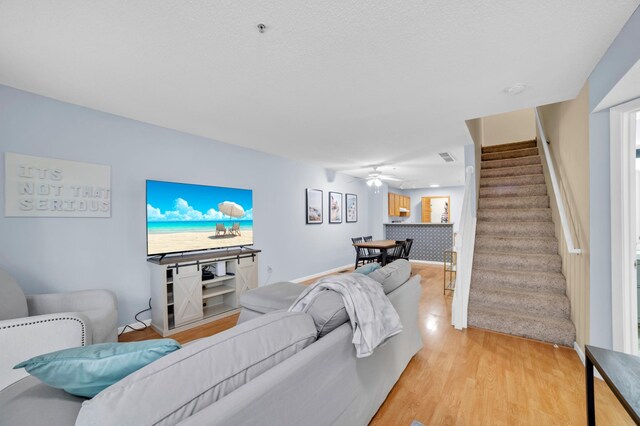 2225 Ranchview Ln N Unit 1, Plymouth, MN 55447 - living room with stairway, light wood finished floors, and a ceiling fan