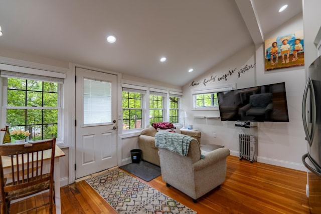 30124 Circle Dr, Breezy Point, MN 56472 - living area featuring hardwood / wood-style flooring, baseboards, lofted ceiling, and recessed lighting