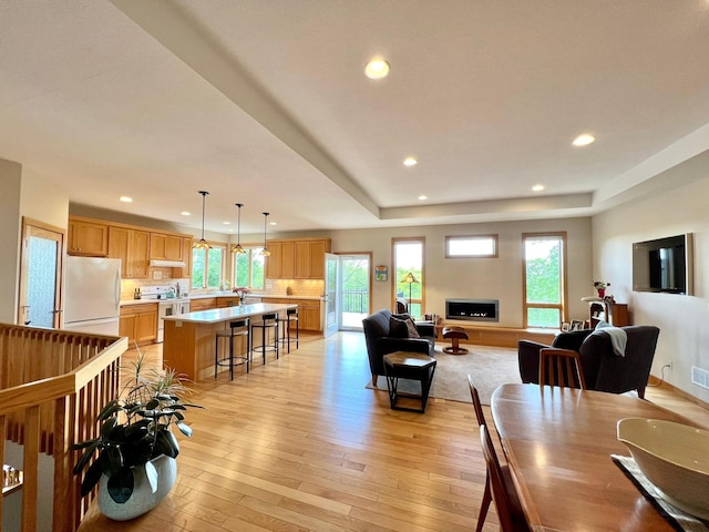 2774 Pine Ridge Blvd, Red Wing, MN 55066 - dining space with recessed lighting, light wood-style floors, plenty of natural light, and a tray ceiling