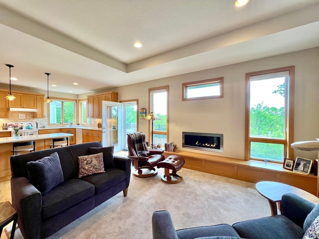 2774 Pine Ridge Blvd, Red Wing, MN 55066 - living area with recessed lighting, a glass covered fireplace, plenty of natural light, and light colored carpet