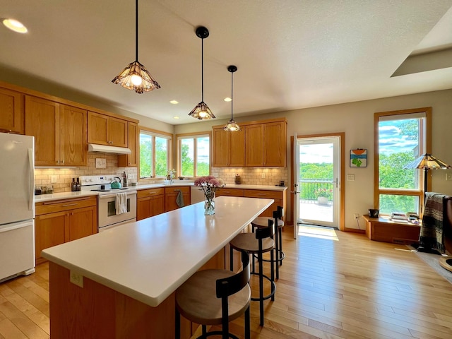 2774 Pine Ridge Blvd, Red Wing, MN 55066 - kitchen featuring white appliances, under cabinet range hood, brown cabinets, light wood-style flooring, and recessed lighting
