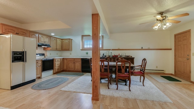 9020 120th Ave, Tilden Twp, WI 54724 - kitchen featuring white fridge with ice dispenser, electric stove, under cabinet range hood, dishwasher, and light wood-type flooring