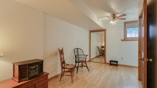 9020 120th Ave, Tilden Twp, WI 54724 - sitting room with light wood finished floors, a ceiling fan, baseboards, and a textured ceiling