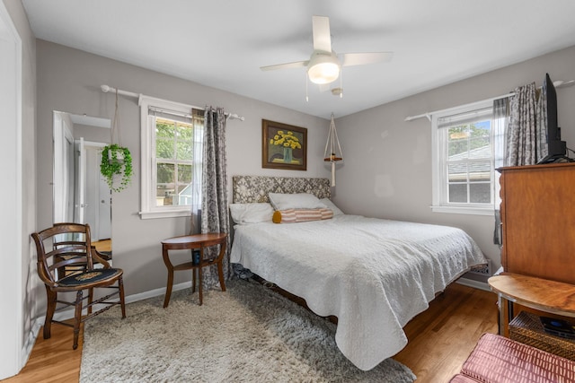 4065 Jersey Ave N, Crystal, MN 55427 - bedroom featuring multiple windows, wood finished floors, and a ceiling fan