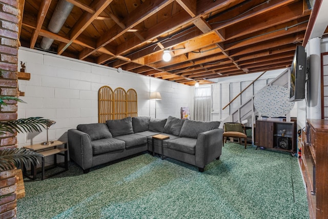 4065 Jersey Ave N, Crystal, MN 55427 - living room with stairs, carpet, and concrete block wall