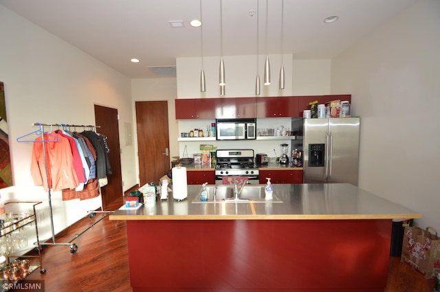 5601 Smetana Dr Unit 518, Minnetonka, MN 55343 - kitchen featuring stainless steel appliances, a sink, open shelves, dark wood-style floors, and a center island with sink