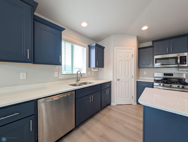 1506 67th Ave S, Fargo, ND 58104 - kitchen featuring stainless steel appliances, a sink, blue cabinets, light wood finished floors, and recessed lighting