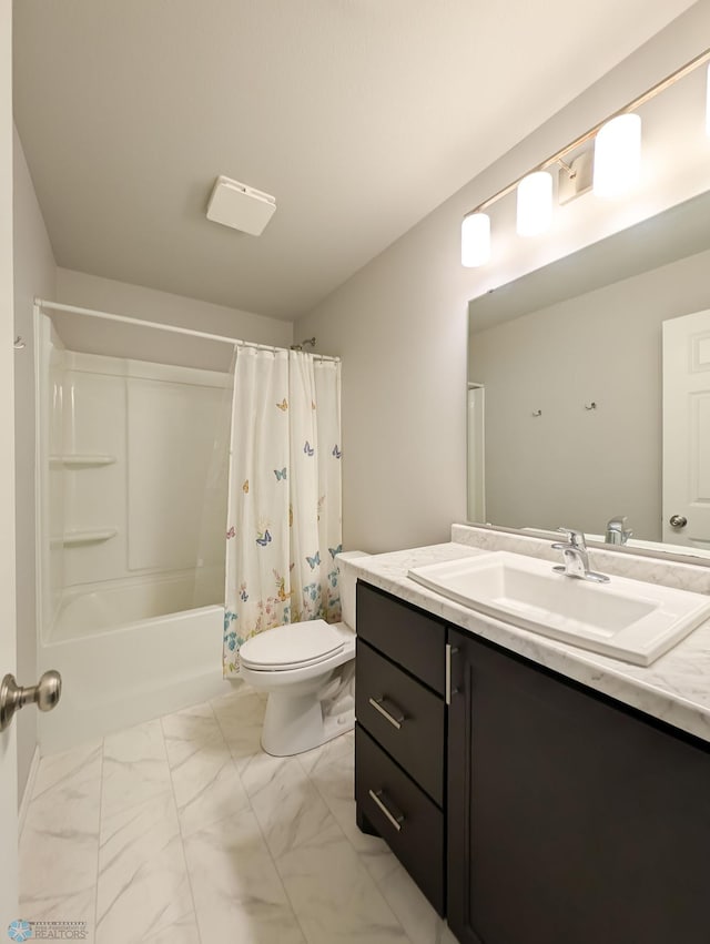 1506 67th Ave S, Fargo, ND 58104 - bathroom with marble finish floors, vanity, toilet, and shower / tub combo with curtain