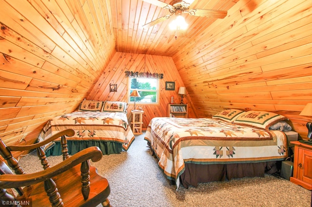 66893 185th Pl, Jacobson, MN 55752 - bedroom featuring wood walls, carpet flooring, wooden ceiling, lofted ceiling, and a ceiling fan