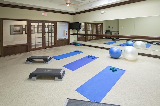 18147 73rd Pl N, Maple Grove, MN 55311 - gym featuring french doors, a ceiling fan, and carpet