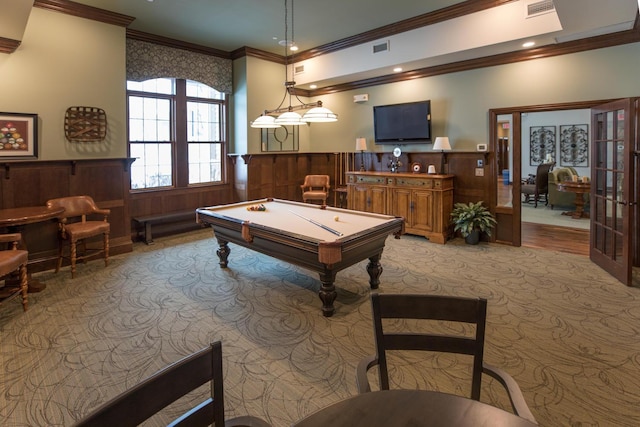 18147 73rd Pl N, Maple Grove, MN 55311 - rec room featuring light colored carpet, ornamental molding, a wainscoted wall, billiards, and recessed lighting