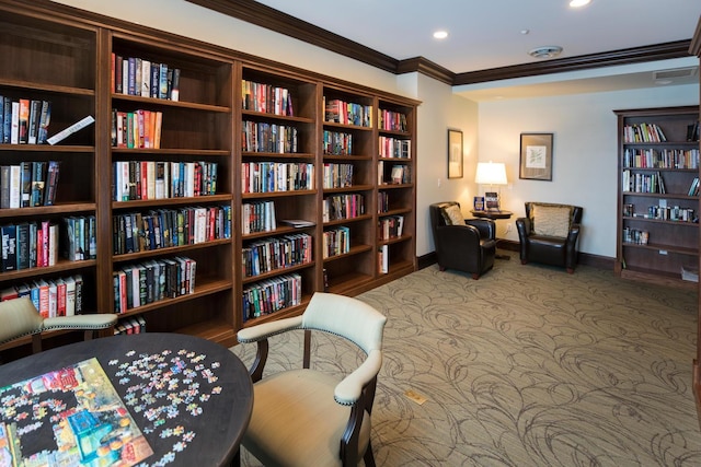 18147 73rd Pl N, Maple Grove, MN 55311 - living area featuring bookshelves, ornamental molding, carpet floors, and recessed lighting
