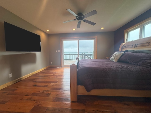 25797 Silver Beach Rd, Minnewaska Twp, MN 56334 - bedroom with access to outside, wood-type flooring, baseboards, recessed lighting, and a ceiling fan