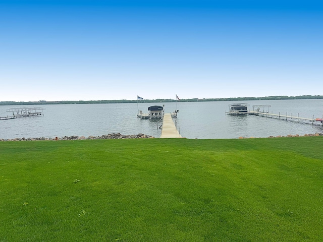 25797 Silver Beach Rd, Minnewaska Twp, MN 56334 - dock with a water view and a lawn