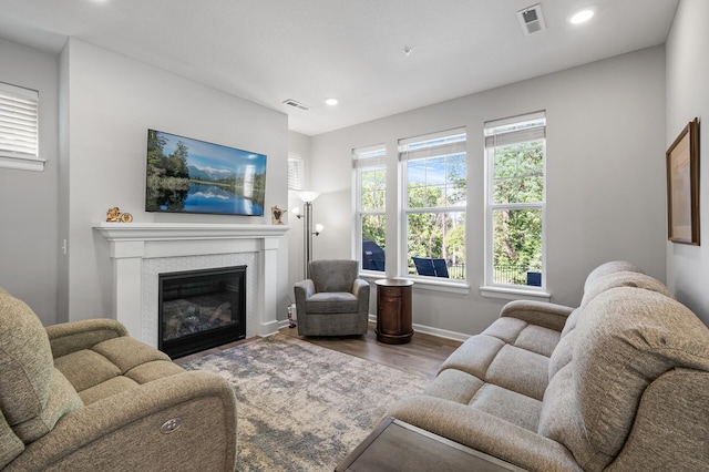 3011 Rum River Way, Anoka, MN 55303 - living room featuring wood finished floors, a glass covered fireplace, baseboards, and recessed lighting