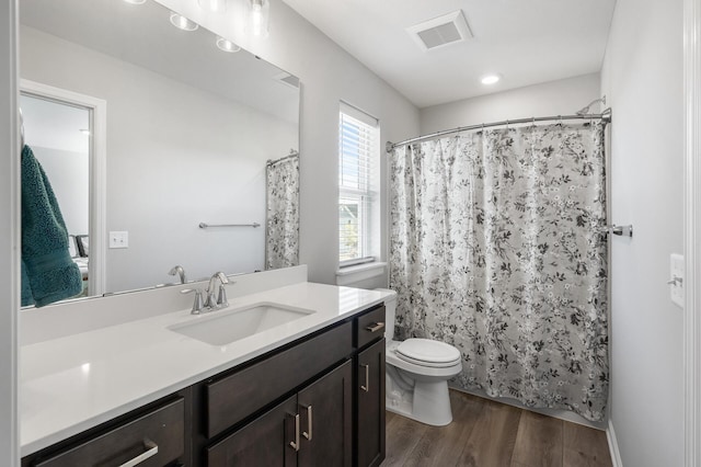 3011 Rum River Way, Anoka, MN 55303 - full bathroom with vanity, wood finished floors, toilet, and a shower with shower curtain