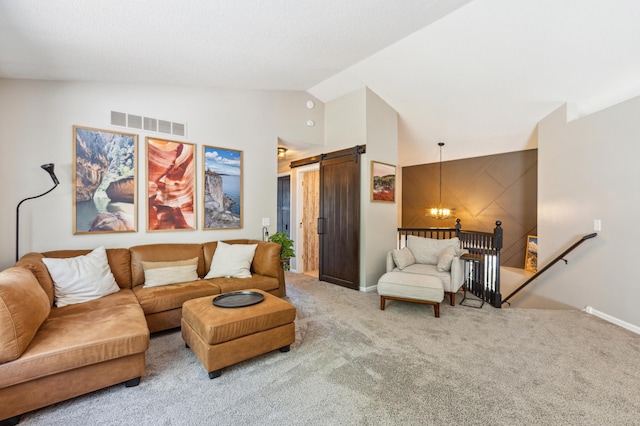 805 Natalie Dr, Buffalo, MN 55313 - living room featuring carpet floors, a chandelier, baseboards, a barn door, and high vaulted ceiling