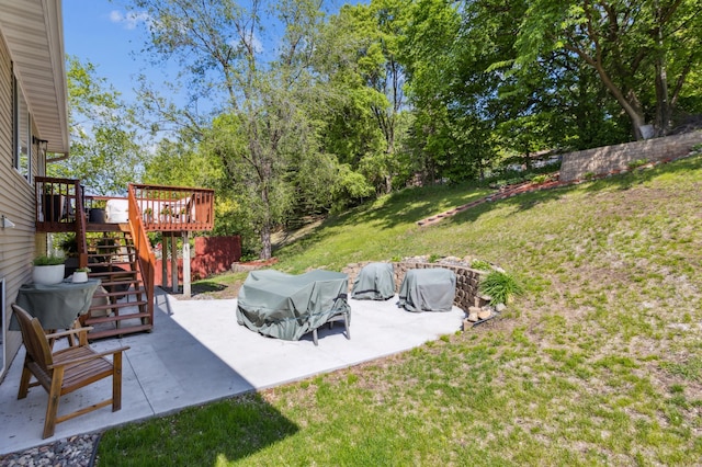 805 Natalie Dr, Buffalo, MN 55313 - view of grassy yard featuring stairs, a patio, and a deck