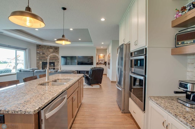 1908 65th Ave S, Fargo, ND 58104 - kitchen with stainless steel appliances, a sink, a tray ceiling, light wood-style flooring, and open floor plan