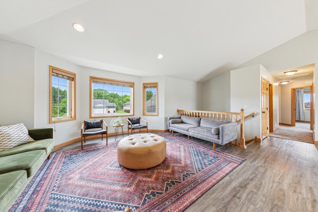30259 Fox Run Rd, Stacy, MN 55079 - living room featuring baseboards, wood finished floors, lofted ceiling, and recessed lighting