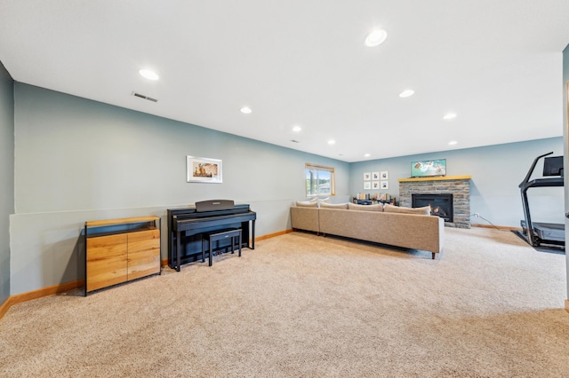30259 Fox Run Rd, Stacy, MN 55079 - carpeted living room with baseboards, a fireplace, and recessed lighting
