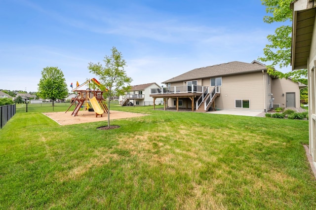 30259 Fox Run Rd, Stacy, MN 55079 - view of yard featuring a playground, a wooden deck, a patio, and stairway