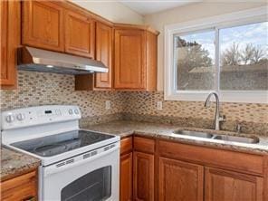 4819 Grenwich Way N, Oakdale, MN 55128 - kitchen with electric stove, under cabinet range hood, a sink, and brown cabinets