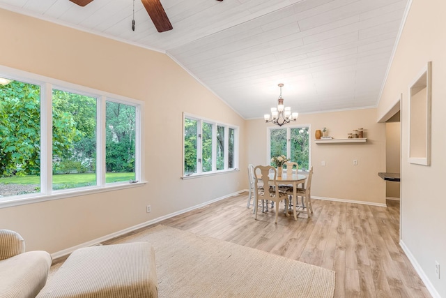 5725 Golden Valley Rd, Golden Valley, MN 55422 - dining area with light wood-style floors, vaulted ceiling, ornamental molding, a ceiling fan, and baseboards