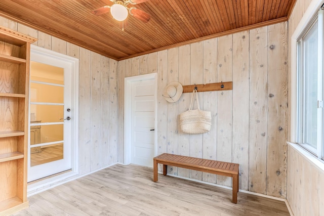 5725 Golden Valley Rd, Golden Valley, MN 55422 - interior space featuring wood ceiling, wooden walls, ceiling fan, and wood finished floors