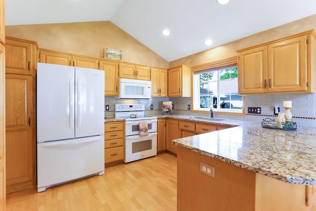 9149 Farnsworth Ave N, Brooklyn Park, MN 55443 - kitchen featuring white appliances, a sink, light wood-type flooring, light brown cabinetry, and light stone countertops