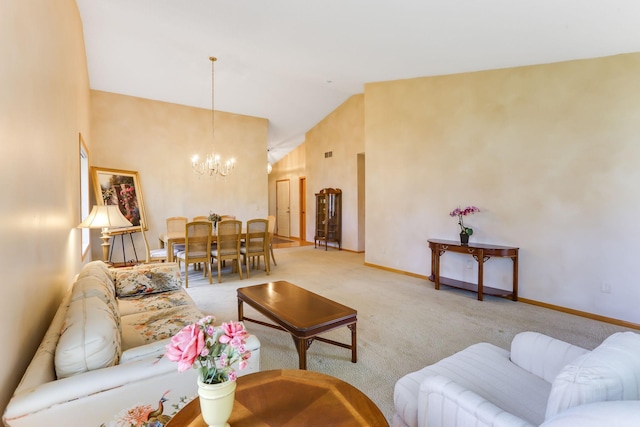 9149 Farnsworth Ave N, Brooklyn Park, MN 55443 - carpeted living room featuring a chandelier, high vaulted ceiling, and baseboards
