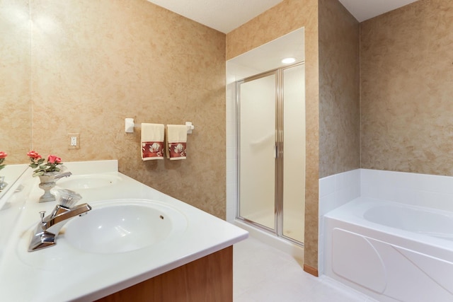 9149 Farnsworth Ave N, Brooklyn Park, MN 55443 - full bath featuring a shower stall, a bath, double vanity, tile patterned flooring, and wallpapered walls