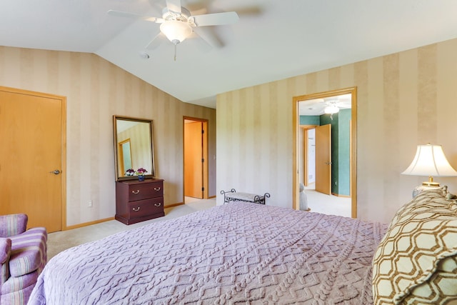9149 Farnsworth Ave N, Brooklyn Park, MN 55443 - bedroom with wallpapered walls, lofted ceiling, light carpet, a ceiling fan, and baseboards