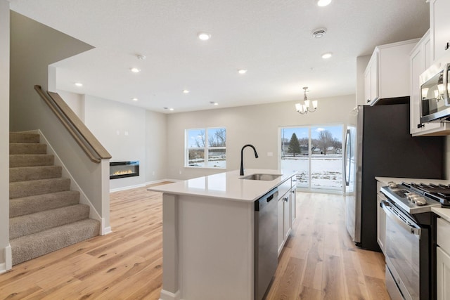 23225 Creekview Ct, Rogers, MN 55374 - kitchen with stainless steel appliances, a sink, a glass covered fireplace, light wood-type flooring, and an island with sink