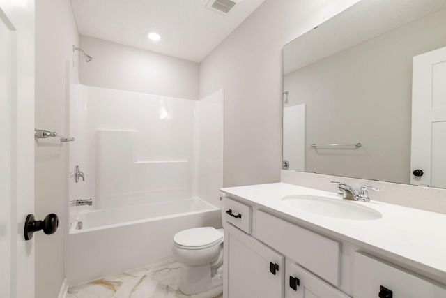 23225 Creekview Ct, Rogers, MN 55374 - full bath featuring vanity, toilet, shower / bathtub combination, and marble look tile flooring
