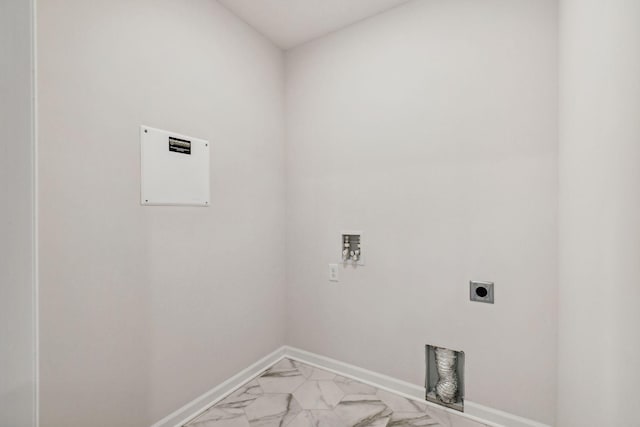 23229 Creekview Ct, Rogers, MN 55374 - washroom featuring electric dryer hookup, washer hookup, light marble finish floors, and baseboards
