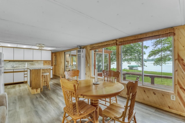 24505 Twilight Ln, Lida Twp, MN 56572 - dining area featuring light wood-type flooring, wooden walls, and a water view